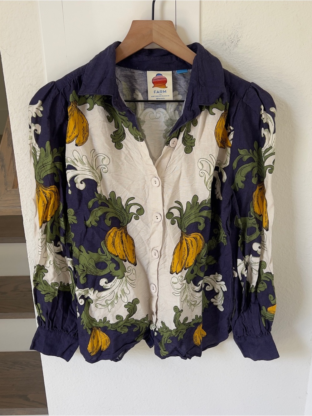 Farm Rio x Anthropologie Puff-Sleeve Printed Buttondown Banana Blouse Top Shirt - Picture 3 of 7